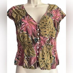 Madewell Tropical Floral Blouse L Smocked Waist Button Front Cottagecore Coastal